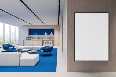 Modern ofis içi, mavi ve beyaz salon mobilyaları, büyük pencereler, 3D tasarım, reklam konsepti, boş ahşap duvarda boş dikey poster modeli