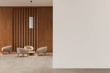 Ahşap kaplama, bej sandalyeler, kolye ışıklandırması ve arka planda büyük boş bir duvar. Poster modeli ya da tasarım şablonu için kavram. 3B Hazırlama