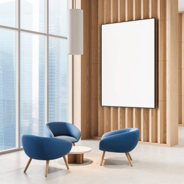 Parlak ofis içi, mavi koltuklu, yuvarlak masalı, şehir manzaralı, ahşap paneldeki boş poster şablonu. 3B Hazırlama