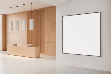 Modern iç mekanda boş poster modeli ahşap resepsiyon masası, en az asılı ışık, temiz beyaz duvar arkaplanı. 3B Hazırlama