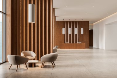 Ahşap panelli duvarlar, modern koltuklar, kolye aydınlatması ve ferah, nötr bir dekor içeren çağdaş otel lobisi. 3B Hazırlama
