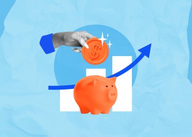 Turuncu domuz kumbarası. Arka planda yükselen ok ve bar grafiği var. Buruşuk mavi arka planda, finansal büyümeyi simgeliyor.