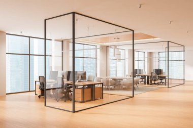 Modern yüksek binalarda cam duvarları, ahşap zeminleri, ergonomik mobilyaları olan çağdaş bir açık uzay ofisi. Şirket tasarımı kavramı. 3B Hazırlama