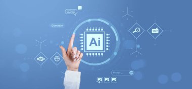 İnsan eli fütüristik yapay zeka teknolojisi kavramının mavi arka planında, dijital arayüz, yapay yapay zeka arayüzüne dokunuyor.