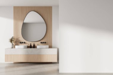Minimalist banyo içi ahşap duvar, modern lavabo, soyut ayna ve büyük boş duvar. Markalaşma veya poster modeli için 3B oluşturma