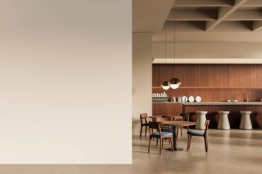 Modern mutfak ve yemek alanında ahşap dolaplar, şık oturma yerleri ve minimalist iç tasarımda kolye ışıkları var. 3B Hazırlama