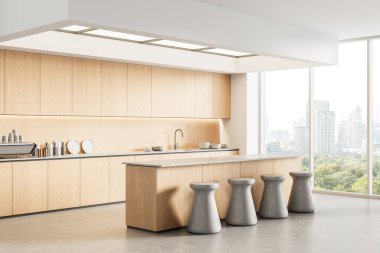 Hafif ahşap dolaplar, beton tabureler ve şehir manzaralı büyük pencereler ile çağdaş mutfak iç mimarisi, minimal 3D canlandırma tarzı