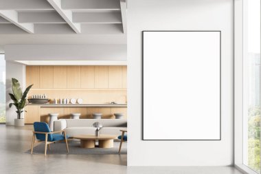 Beyaz duvarda ince çerçeveli boş dikey poster. Ahşap mutfak ve dinlenme odası olan parlak, modern bir iç mekan. 3B Hazırlama