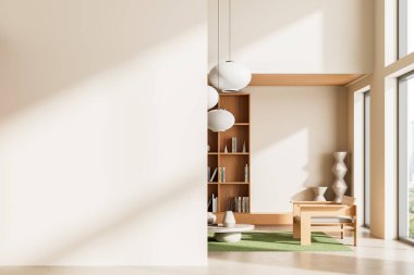 Poster modeli, minimalist ahşap mobilyalar, yumuşak ışıklandırma ve temiz yerleşim için boş duvarları olan modern iç tasarım. 3B Hazırlama