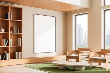 Modern iç mekanda bej renkli duvarda boş çerçeveli poster, ahşap mobilyalar, kitaplık ve şehir manzarası gösteren büyük pencereler. 3B Hazırlama