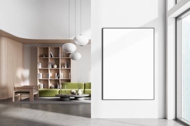 Çağdaş iç tasarım, yeşil kanepe, ahşap raf, kolye aydınlatma ve beyaz duvarda boş çerçeve. Parlak modern arkaplanda 3B görüntüleme