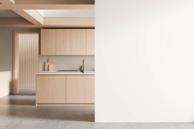 Modern mutfak iç mimarisi hafif ahşap dolap ve boş beyaz duvar, asgari tasarım estetik, temiz düzen, 3 boyutlu tasarım, poster tasarımı konsepti