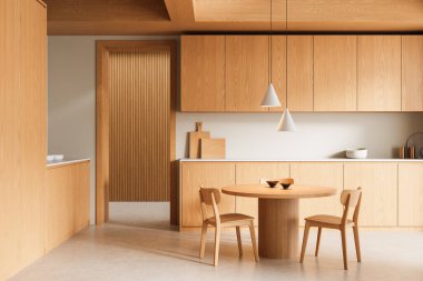 Hafif ahşap minimalist mutfak, yuvarlak masa ve iki sandalye, modern kolye ışıkları, İskandinav tarzı, bej arka plan. 3B Hazırlama