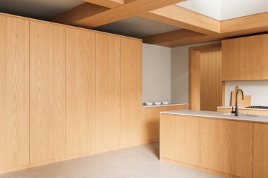 Minimalist mutfak iç mimarisi ahşap dolap, temiz tasarım tarzı, ışık duvarı arka planı, modern ev düzeni kavramı. 3B Hazırlama
