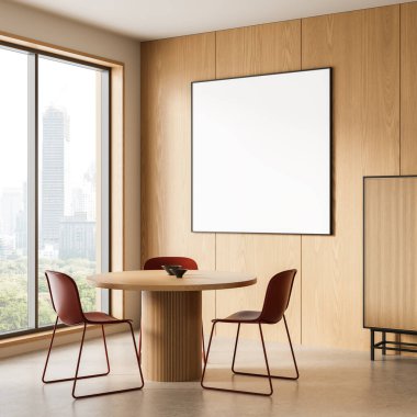 Ahşap duvarı, yuvarlak masası, kırmızı sandalyeleri ve boş kare posteri olan modern iç mekan tasarım sunumu için temiz zemin. 3B Hazırlama