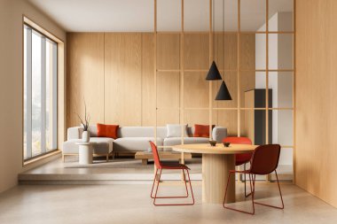 Hafif ahşap kaplamalı, kırmızı aksanlı ve bej arka planda modern mobilyalı çağdaş minimalist iç tasarım. Şık yaşam alanı kavramı. 3B Hazırlama