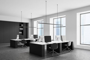 Şık masaları, sandalyeleri ve bilgisayarları olan modern ofis iç mimarisi, minimal grafik tarzı, parlak pencere arka planı. Çalışma alanı tasarımı kavramı. 3B Hazırlama