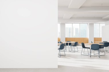 Ofis kafeteryasında yuvarlak masalar ve mavi sandalyeler, modern minimalist tasarım, pencereli parlak açık arkaplan, çalışma alanı konforu, 3D canlandırma