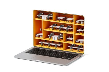 Masalı ve sandalyeli birden fazla oda, beyaz arkaplanlı, kesme ofis içi olarak tasarlanmış ekranlı açık bir dizüstü bilgisayar. Uzaktan kumandalı dijital çalışma kavramı. 3B Hazırlama