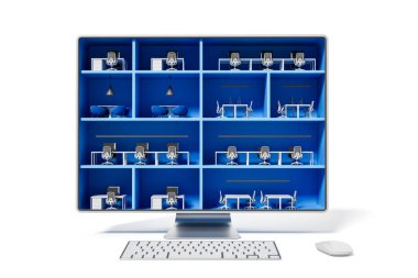 Bilgisayar monitörü, masalar, sandalyeler ve beyaz arka plandaki toplantı alanlarıyla detaylı bir çok katlı ofis içine dönüştürüldü. Dijital çalışma alanı kavramı. 3B Hazırlama