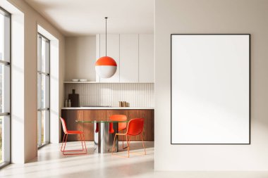 Minimalist dekorasyonu, turuncu mobilyası ve kolye lambası olan çağdaş bir mutfak, bej duvarda boş bir çerçeve, güneş ışığı arka planı. 3B Hazırlama