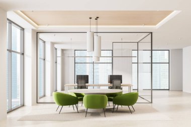 Yuvarlak masa etrafında yeşil koltukları olan modern ofis, çağdaş minimal tasarım, cam duvar arka planı, çalışma alanı zarafeti konsepti, 3D oluşturma