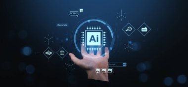 Parlak yapay zeka hologramı, fütüristik dijital arayüz, karanlık arkaplan, yapay zeka teknolojisi kavramı.