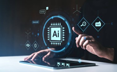 Yapay zeka teknolojisi konsepti, dijital stil, karanlık arkaplan, yapay zeka ikonları ve yapay zeka ile gelecekteki arayüzü kullanan kişi