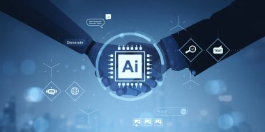 İki iş adamı yapay zeka çipi simgesi ve dijital arayüzle mavi bulanık şehir arka planında el sıkışıyor. Teknoloji işbirliğini simgeliyor.