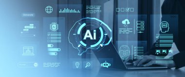 Yapay zeka simgeleri ve otomasyon sembolleriyle gelecek dijital arayüzü bir dizüstü bilgisayarın üzerinde, mavi eğimli bir arkaplanda, iş dünyasının gelecekteki teknolojisini sembolize ediyor.