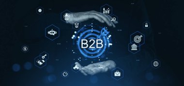 B2B iş modeli konsepti, ellerinde parlayan dijital simgeler, fütürist grafik tarzı, koyu arkaplanda. Ortaklık ve müşteri stratejisi kavramı