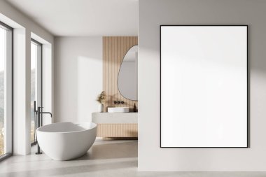 Duvarında boş poster çerçevesi olan modern banyo, temiz minimalist tarz, parlak iç plan, yaratıcı tasarım modeli konsepti. 3B Hazırlama