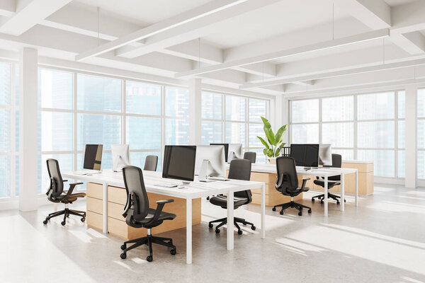Bright open plan office interior with modern ergonomic furniture, desktop computers, large windows, and minimalistic design on a cityscape background. 3D Rendering