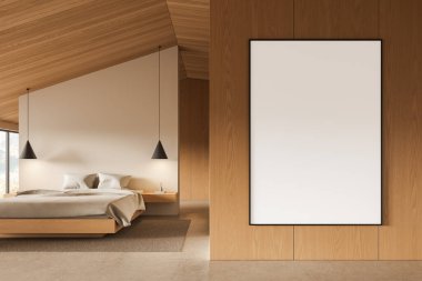 Yüzen yatağı, kolye ışıkları, ahşap tavan ve duvarları olan çağdaş bir yatak odası ve tahta panelli arka planda geniş boş bir çerçeve. 3B Hazırlama