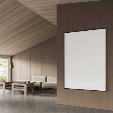 Minimalist oturma odasının iç tarafındaki tahta duvarda bej mobilyalar, beton zemin ve yumuşak ışıklandırma ile boş dikey poster modeli. 3B Hazırlama