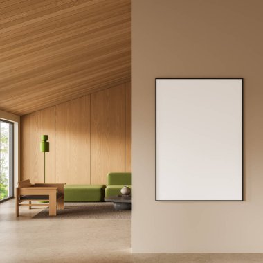 Çerçevelenmiş boş poster modeli modern ahşap iç döşeme içinde yeşil mobilyalar ve yumuşak gün ışığı, temiz tasarım konsepti. 3B Hazırlama