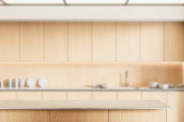 Ön planda beton tezgahı olan hafif ahşap mutfak, arka planda bulanıklık, ürün gösterimi veya sunumu için modern tasarım modeli. 3B Hazırlama