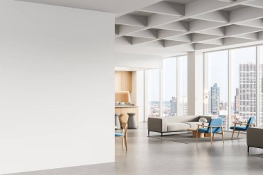 Modern iç dekorasyondaki boş beyaz duvar, temiz minimal tarz, parlak şehir manzarasına bakan ve mobilyalarla dolu konforlu salon, poster tasarımı konsepti. 3B Hazırlama