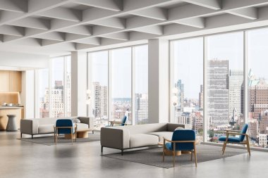 Nötr koltuklar, mavi sandalyeler, büyük pencereler, şehir manzarası ve geometrik tavan desenli modern ofis iç tasarımı. 3B Hazırlama