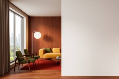 Poster modellemesi için boş duvarlar, orta çağ mobilyaları, ahşap paneller ve şehir manzaralı pencereler. 3B Hazırlama