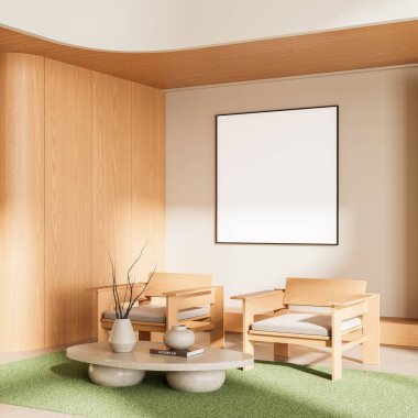 Ahşap sandalyeli, yuvarlak kahve masalı, rahat köşeli yeşil halılı, yumuşak ışıklandırmalı ve duvar dekorlu çağdaş iç tasarım. 3B Hazırlama