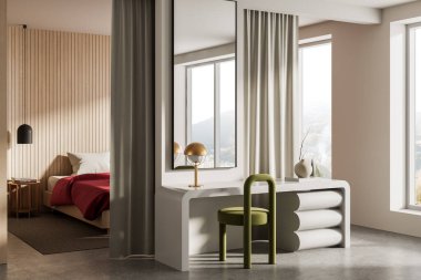 Çağdaş yatak odası makyaj seti yeşil sandalye, altın lamba, ve büyük ayna, minimalist mobilya tarzı, yumuşak gün ışığı arka planı. 3B Hazırlama