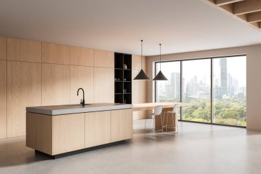 Geniş, ahşap dolapları, beton tezgah adası, kolye ışıkları ve panoramik şehir manzaralı geniş pencereleri olan modern bir mutfak. 3B Hazırlama