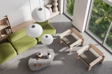 Minimalist mobilyalar, yumuşak yeşil kanepe ve modern açık alanda geniş kolye ışıkları, tropikal bahçe manzaralı şık bir oturma odası. 3B Hazırlama