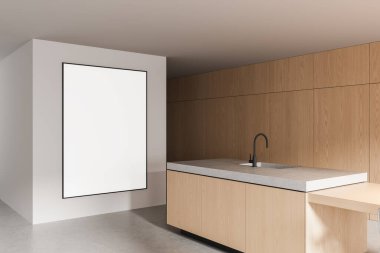 Minimalist mutfak iç mimarisi, beyaz duvarda boş poster modeli, temiz tasarım tarzı, ahşap arka plan, markalaşma veya ürün gösterimi konsepti, 3D görüntüleme