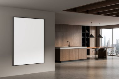 Modern mutfak içinde duvarda boş dikey poster çerçevesi ahşap kabin, beton zemin, büyük pencereler ve şehir manzaralı. 3B Hazırlama