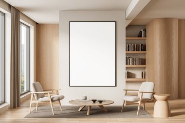 Temiz, modern oturma odasının içinde boş bir poster modeli. Hafif ahşap mobilyalar, kitap rafları ve nötr tonlar, 3D renkler.