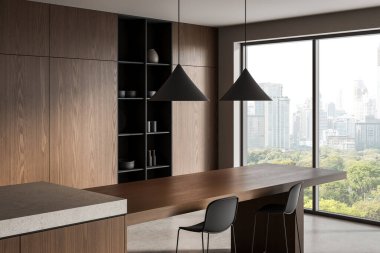 Ahşap dolapları, parlak mobilyaları ve şehir manzaralı panoramik pencereli kolyesi olan çağdaş bir mutfak. 3B Hazırlama