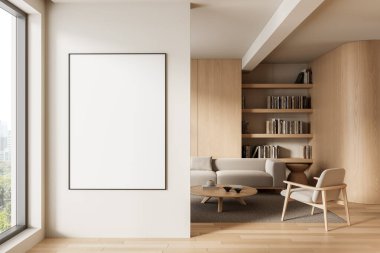 Beyaz duvara çerçevelenmiş boş poster modeli parlak modern iç mekan rahat ahşap oturma odası, yuvarlak masa ve kitaplıklar. 3B Hazırlama
