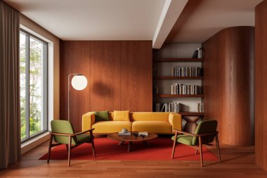 Sarı kanepe, yeşil sandalyeler, ahşap raflar ve ahşap zemin ve arka planda sıcak ışıklandırmanın yer aldığı modern modern oturma odası. Rahatlık kavramı. 3B Hazırlama